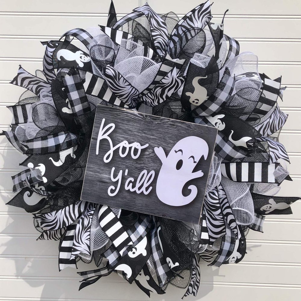 Halloween Ghost Wreath Boo Y'all Halloween Decor | Halloween Door Hanger Farmhouse Decor Burlap Bowtique