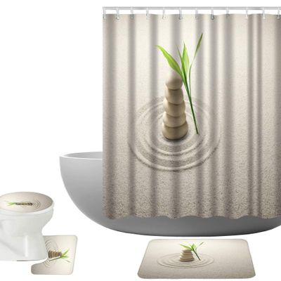 Amagical Zen Garden Spa Stones and Bamboo on The Sand 16 Piece Bathroom Mat Set Shower Curtain Set Bath Mat Contour Mat Toilet Cover Shower Curtain and 12 Hooks