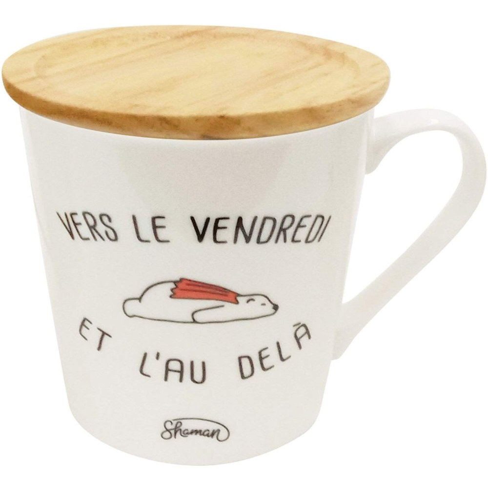 Le Fabuleux Shaman 39-1X-005 Mug avec Couvercle Sous-Tasse vers Le Vendredi et l'au del Blanc et Beige Porcelaine et Bois D12 x H9,5 cm
