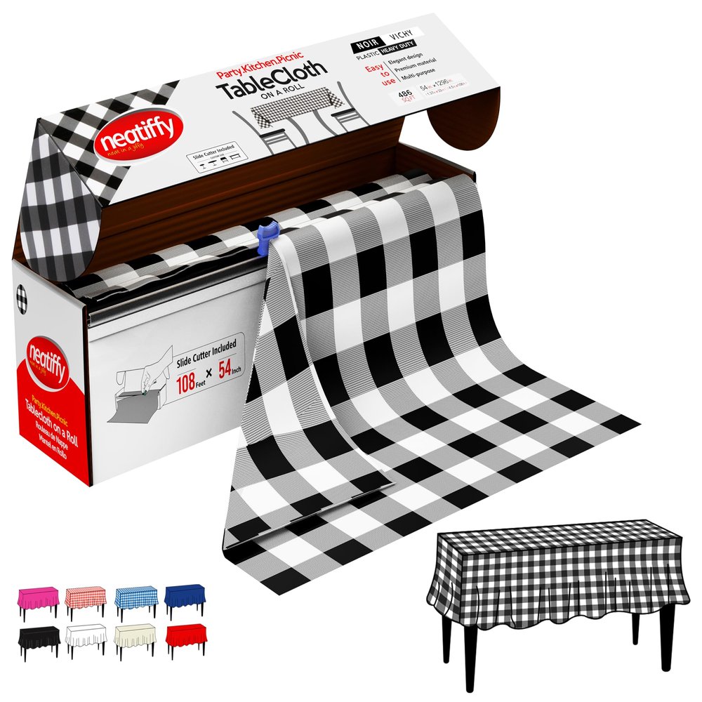 Neatiffy Disposable Plastic Table Cloth Roll | 54 in x 108 Ft Waterproof Tablecloth | Table Cover for Rectangle, Square, Round Oval Tables | Picnic, Party, Banquet, Birthdays, Weddings, BlackCheckered