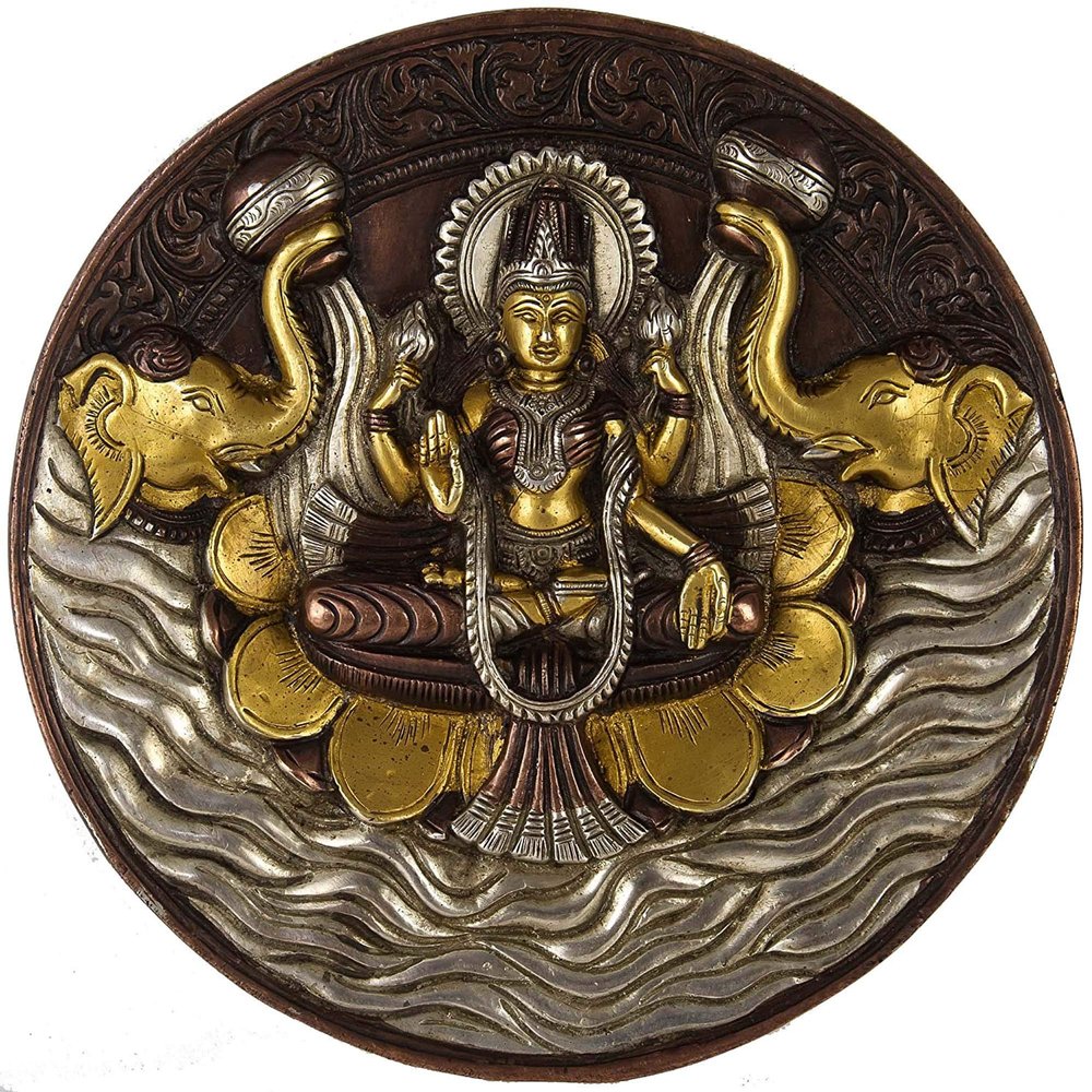 AONA Brass Goddess Lakshmi Wall Hanging Plate, Height 7.5 Inches