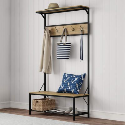 Lavish Home Entryway Bench with Seat - Iron and Wood Furniture with 5-Hook Coat Rack, Top Shelf, and Bottom Shoe Storage (Weathered Woodgrain-Look)