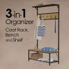 Lavish Home Entryway Bench with Seat - Iron and Wood Furniture with 5-Hook Coat Rack, Top Shelf, and Bottom Shoe Storage (Weathered Woodgrain-Look) view 2