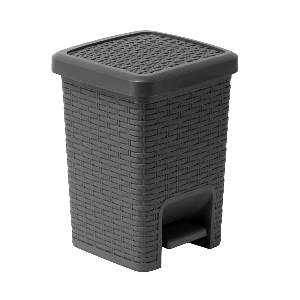 Addis Rattan Effect Square Bathroom Pedal Waste Trash Bin, 6 Litre, Charcoal, Calico Linen, 20 x 22.5 x 29 cm