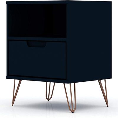 Manhattan Comfort Rockefeller Nightstand with Drawer and Cubby, Mid Century Modern Bedside Table, Minimalist Display and Storage Organizer, Ideal for Bedroom and Living Room, Midnight Blue