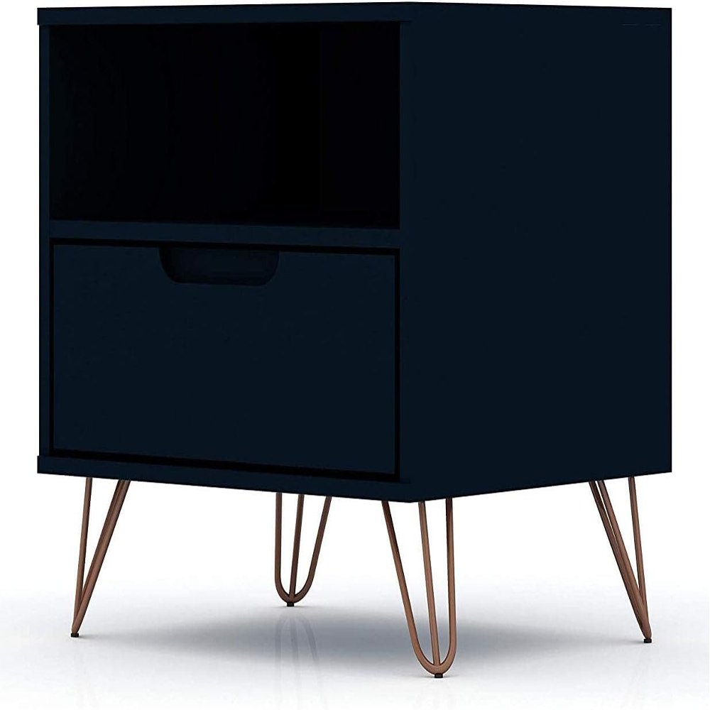 Manhattan Comfort Rockefeller Nightstand with Drawer and Cubby, Mid Century Modern Bedside Table, Minimalist Display and Storage Organizer, Ideal for Bedroom and Living Room, Midnight Blue