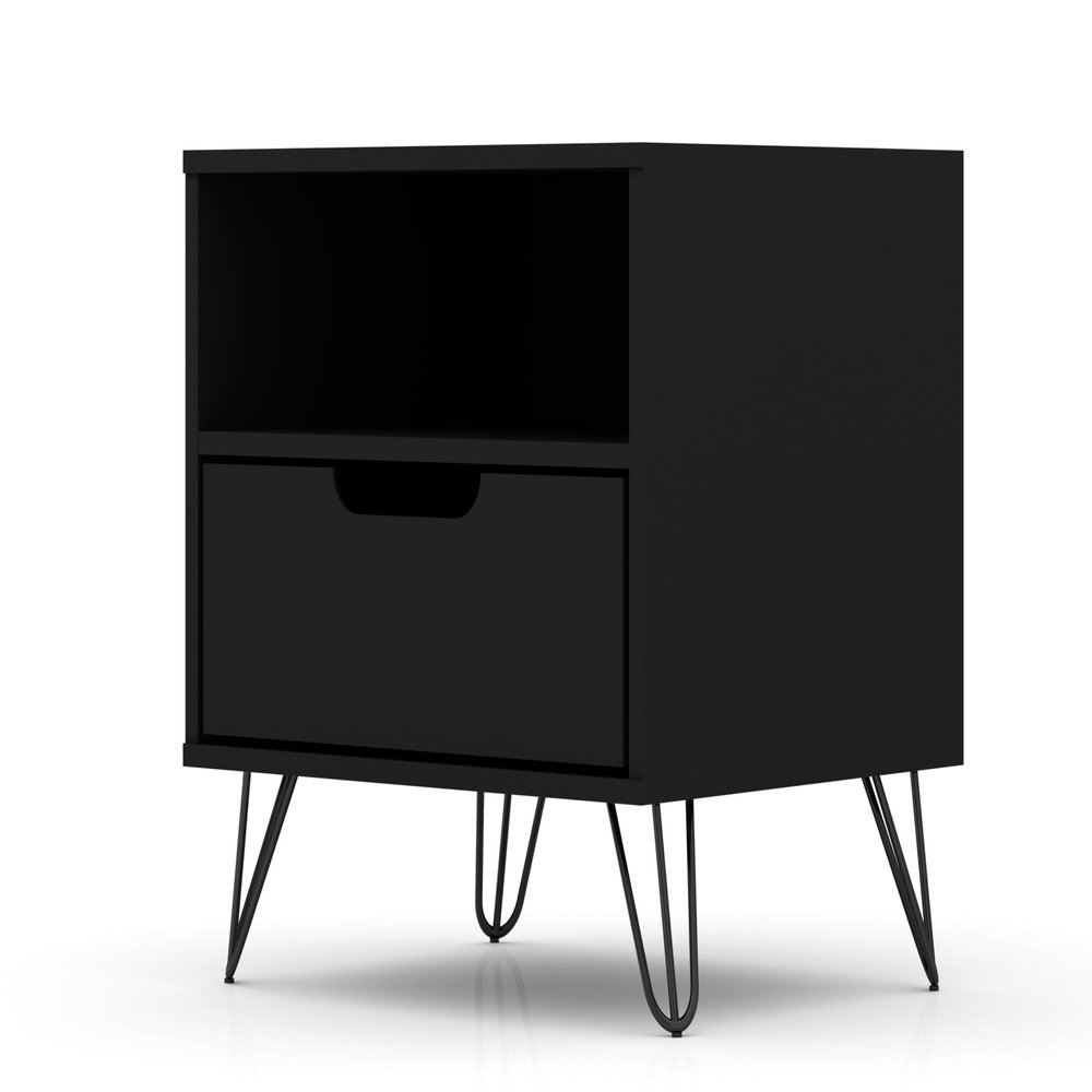 Manhattan Comfort Rockefeller Nightstand with Drawer and Cubby, Mid Century Modern Bedside Table, Minimalist Display and Storage Organizer, Ideal for Bedroom and Living Room, Black