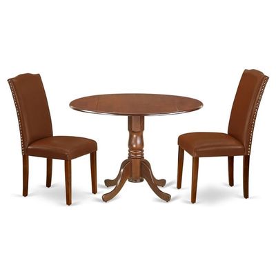 East West Furniture DLEN3-MAH-66 3 Piece Kitchen Table Set Contains a Round Dining Room Table with Dropleaf and 2 Brown Faux Faux Leather Parsons Dining Chairs, 42x42 Inch, Mahogany