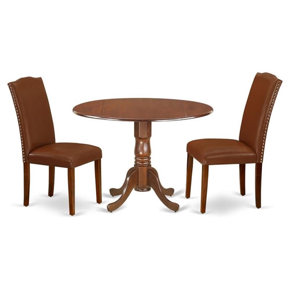 East West Furniture DLEN3-MAH-66 3 Piece Kitchen Table Set Contains a Round Dining Room Table with Dropleaf and 2 Brown Faux Faux Leather Parsons Dining Chairs, 42x42 Inch, Mahogany
