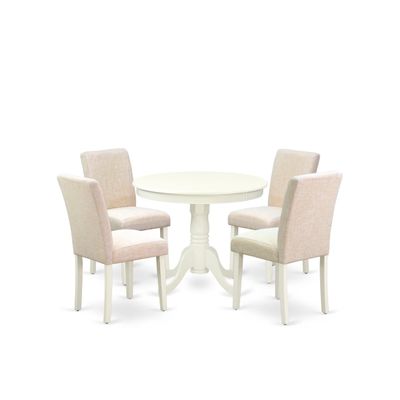 East West Furniture ANAB5-LWH-02 5 Piece Dining Table Set for 4 Includes a Round Kitchen Table with Pedestal and 4 Light Beige Linen Fabric Upholstered Chairs, 36x36 Inch, Linen White
