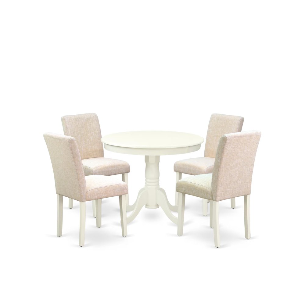East West Furniture ANAB5-LWH-02 5 Piece Dining Table Set for 4 Includes a Round Kitchen Table with Pedestal and 4 Light Beige Linen Fabric Upholstered Chairs, 36x36 Inch, Linen White