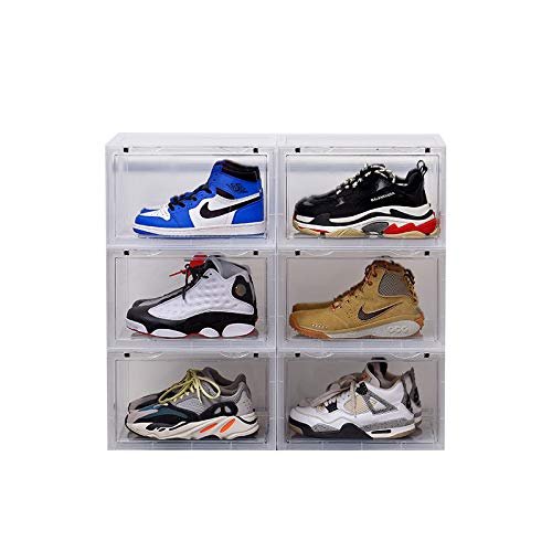 K.T.Z Magnetic Side Open Transparent Plastic Storage Shoe Box Stackable Foldable Storage Shoe Box Sneaker Storage Box Clear Plastic Shoe Boxes Size:14.2X11X8.7 Inch (D Style Transparent, 6 PCS)