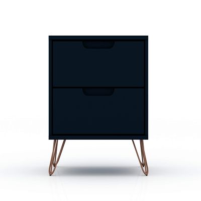 Manhattan Comfort Rockefeller Nightstand with Drawers, Mid Century Modern Bedside Table, Minimalist Display and Storage Organizer, Ideal for Bedroom and Living Room, Midnight Blue