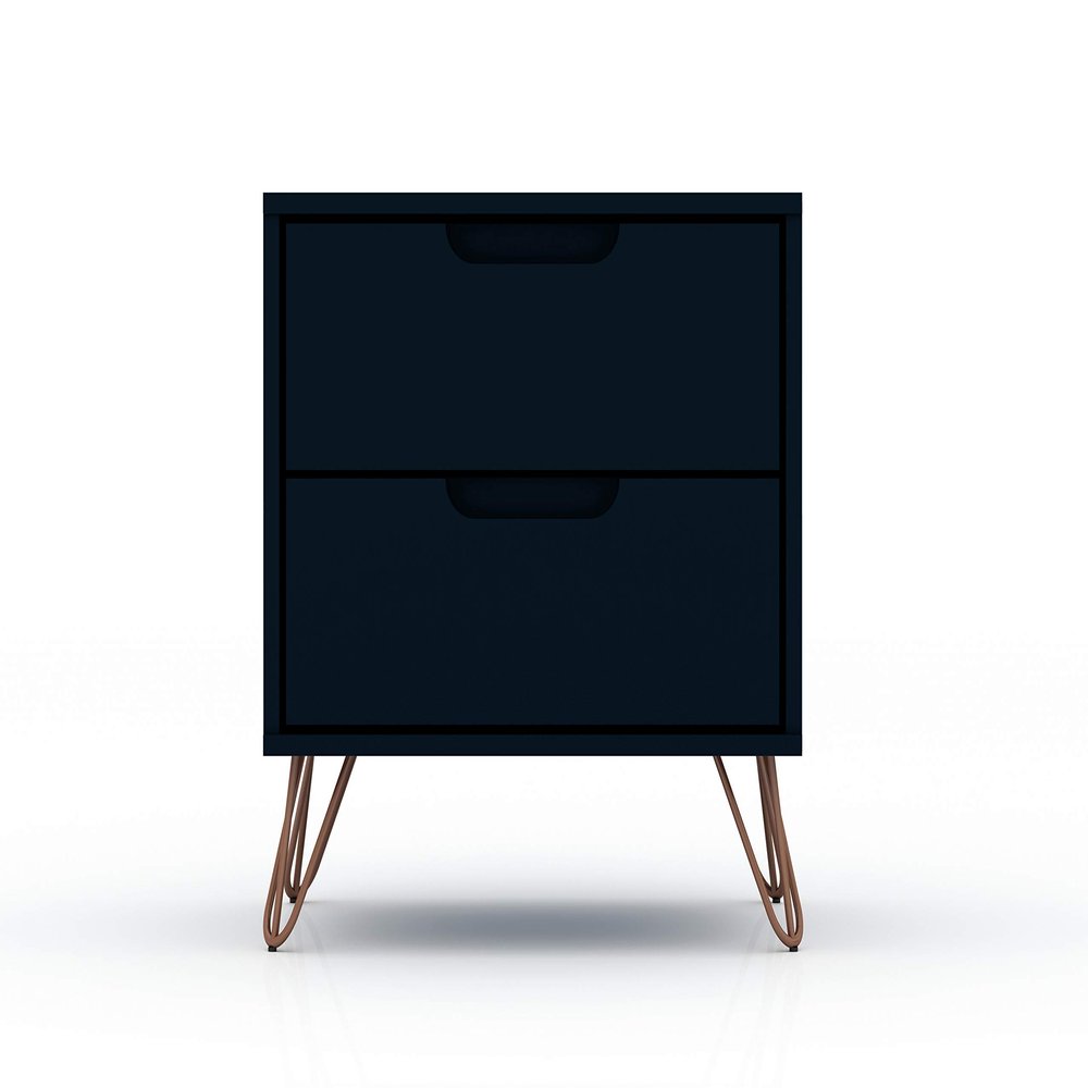 Manhattan Comfort Rockefeller Nightstand with Drawers, Mid Century Modern Bedside Table, Minimalist Display and Storage Organizer, Ideal for Bedroom and Living Room, Midnight Blue