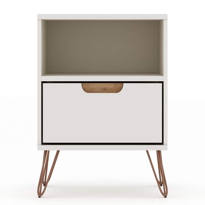 Manhattan Comfort Rockefeller Nightstand with Drawer and Cubby, Mid Century Modern Bedside Table, Minimalist Display and Storage Organizer, Ideal for Bedroom and Living Room, Off White/Nature