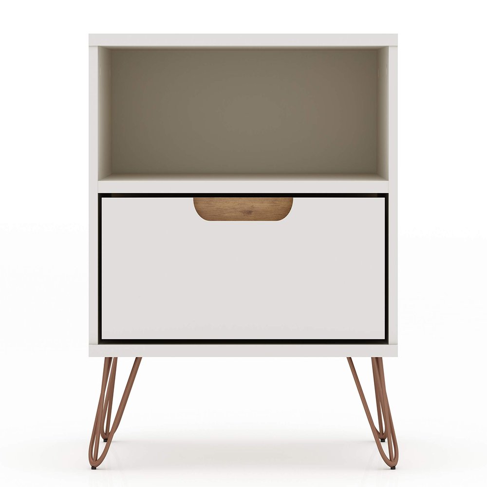 Manhattan Comfort Rockefeller Nightstand with Drawer and Cubby, Mid Century Modern Bedside Table, Minimalist Display and Storage Organizer, Ideal for Bedroom and Living Room, Off White/Nature