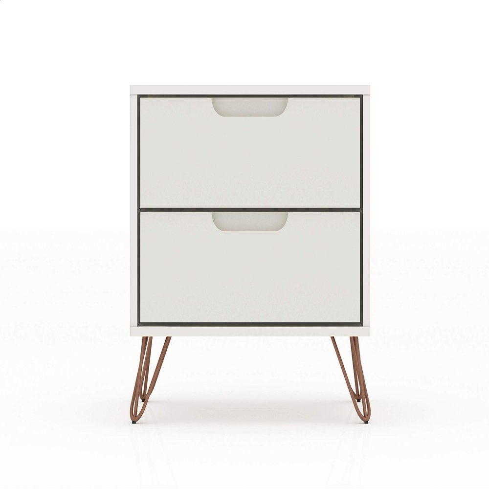 Manhattan Comfort Rockefeller Nightstand with Drawers, Mid Century Modern Bedside Table, Minimalist Display and Storage Organizer, Ideal for Bedroom and Living Room, Off-white