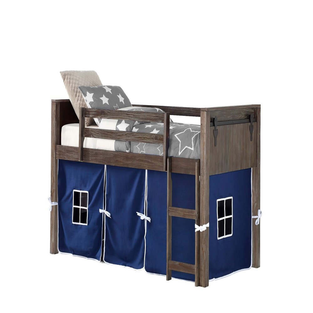 DONCO Twin Barn Door Modular Low Loft with Blue Tent in Brushed Shadow