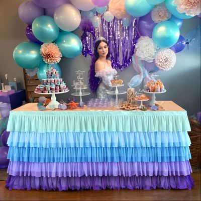 14ft Mermaid Tutu Tulle Table Skirt for Rectangle and Round Tables - Blue Purple Chiffon Decorations for Birthday Party, Baby Shower - Ruffle Skirting