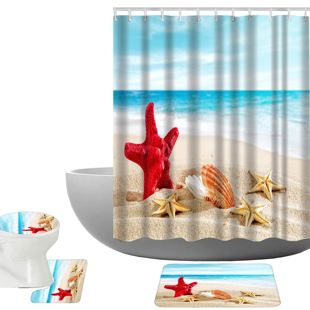 Amagical Shell on Sand Red Starfish Blue Ocean Decor 16 Piece Bathroom Mat Set Shower Curtain Set Non Slip Bath Mat Contour Mat Toilet Cover Waterproof Shower Curtain with 12 Hooks