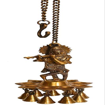 GLOOKS Brass Statue/Diya/Deepak/Oil Lamp of Lord Krishna Roof Hanging with Bells,(Hxwxd - 8.5 X 4.5 X 4.5) Inches, 15.5 Inch