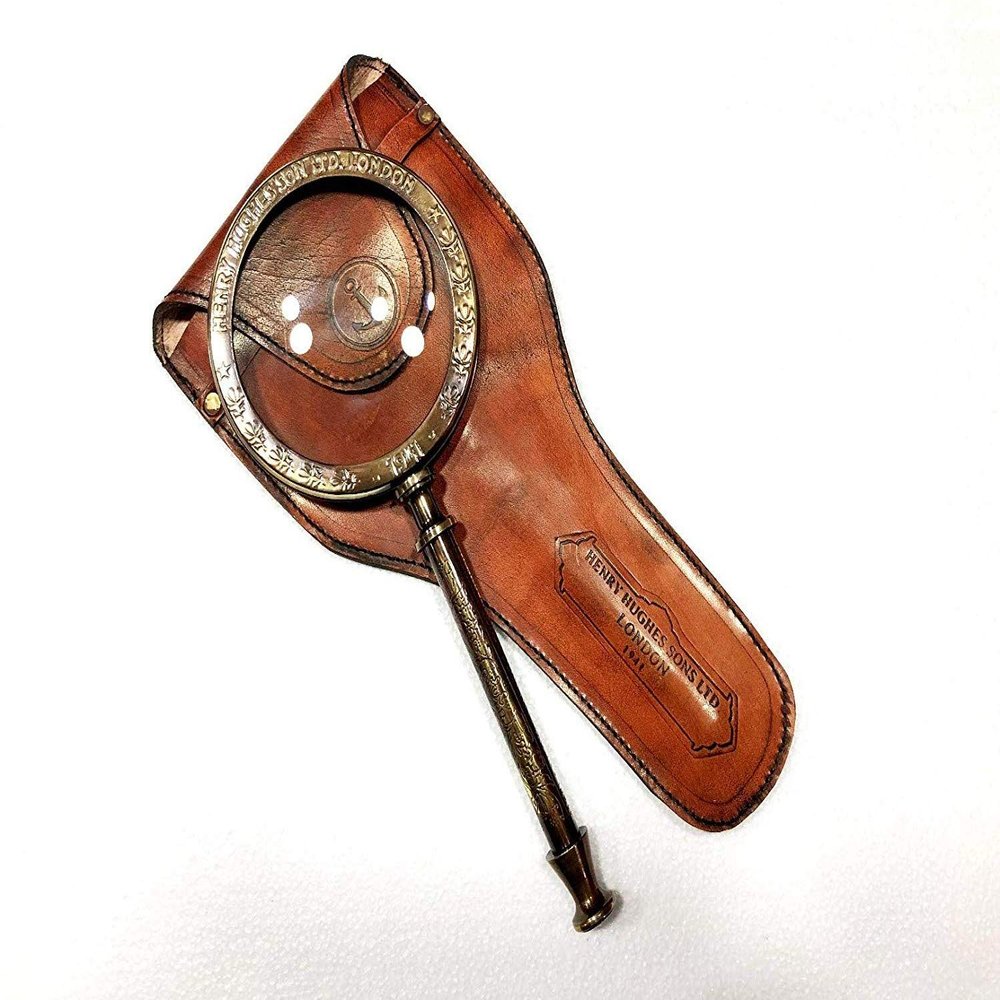 Marine Nautical Store Vintage Brass Handheld Magnifying Glass 4" Magnifier Table Top with Brown Leather Case