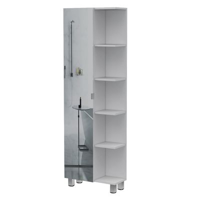 Tuhome Urano Mirror Linen Cabinet with Four Internal Shelves, Five External Display Shelves, Spacious Single-Door Compartment and Modern Tall Storage Design for Bathroom, Kitchen, Bedroom or Multifun