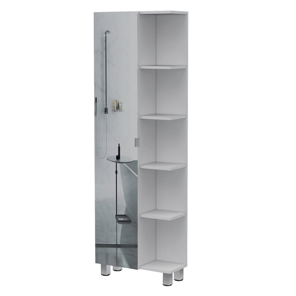 Tuhome Urano Mirror Linen Cabinet with Four Internal Shelves, Five External Display Shelves, Spacious Single-Door Compartment and Modern Tall Storage Design for Bathroom, Kitchen, Bedroom or Multifun