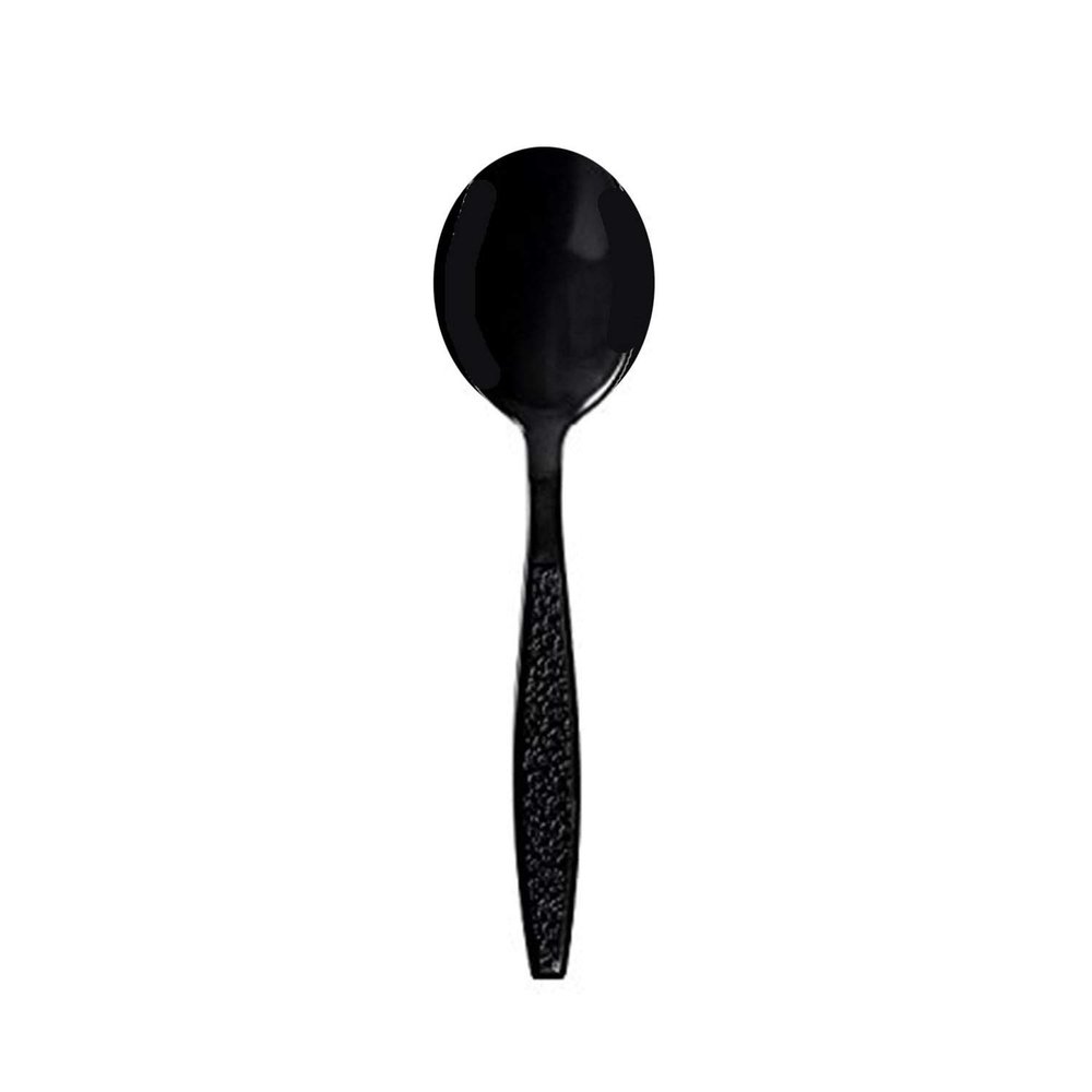 TigerChef 1000 Black Fine Soup Spoons Heavy Weight Durable Plastic Cutlery With An Engraved Design Disposable Recyclable Reusable Solid Durable Silverware Flatware Cutlery (Fine Soup Spoons Black)