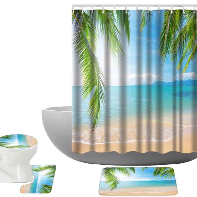 Amagical Palm and Tropical Sea Beach Decor 16 Piece Bathroom Mat Set Shower Curtain Set Bath Mat Contour Mat Toilet Cover Shower Curtain and 12 Hooks (Tropical Beach)