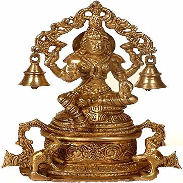 Exotic India Goddess Lakshmi with Elephants & Bells - Brass Statue