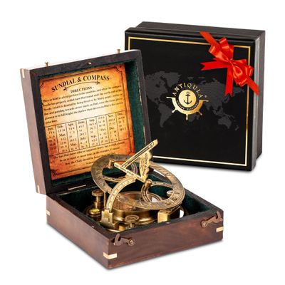 Antiqula 5 inch Large Sundial Compass with Wooden Rosewood Box, Perfectly Calibrated Steampunk Antique Brass Sundial Clock with Chart for Guidance, Ideal Nautical & Vintage Gift for Men