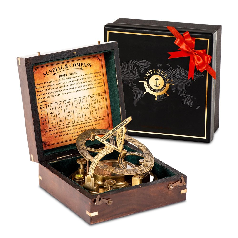 Antiqula 5 inch Large Sundial Compass with Wooden Rosewood Box, Perfectly Calibrated Steampunk Antique Brass Sundial Clock with Chart for Guidance, Ideal Nautical & Vintage Gift for Men