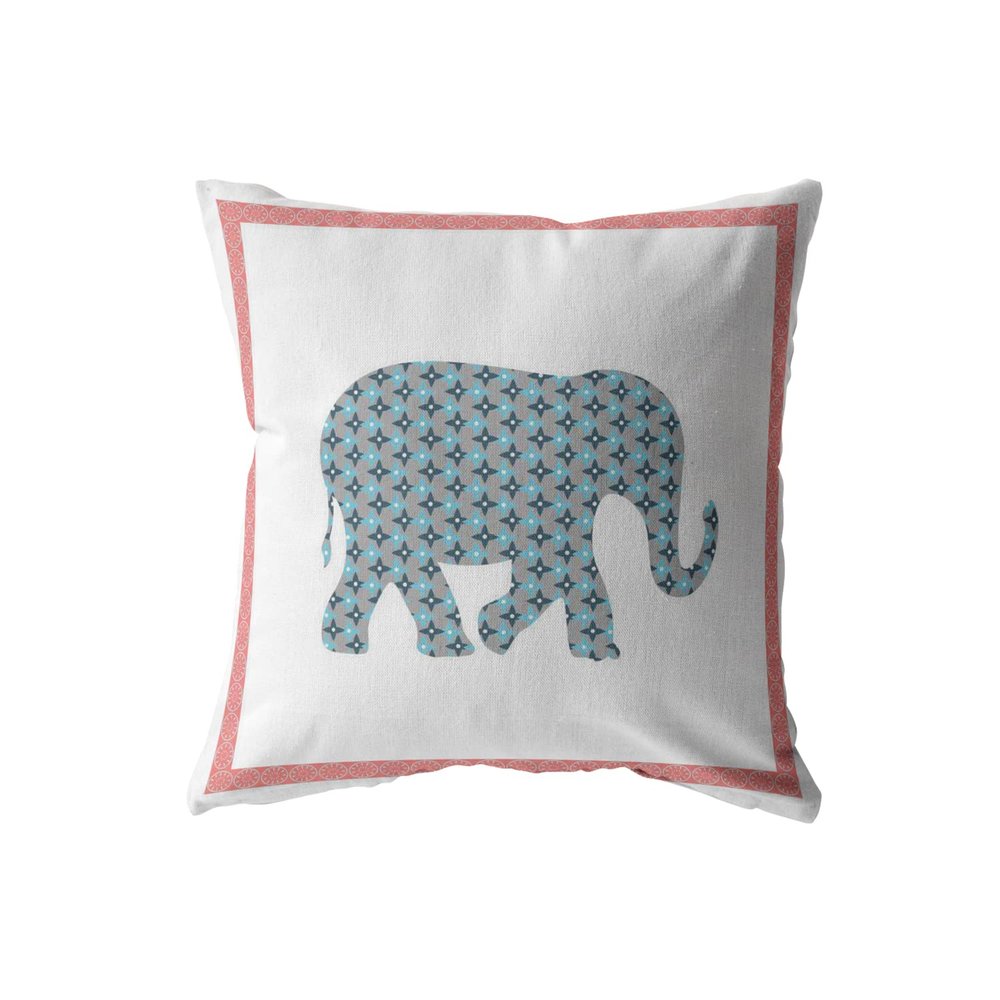 Amrita Sen Designs Light Elephant Suede Blown and Closed Pillow Blue and Pink on White 18"x18"