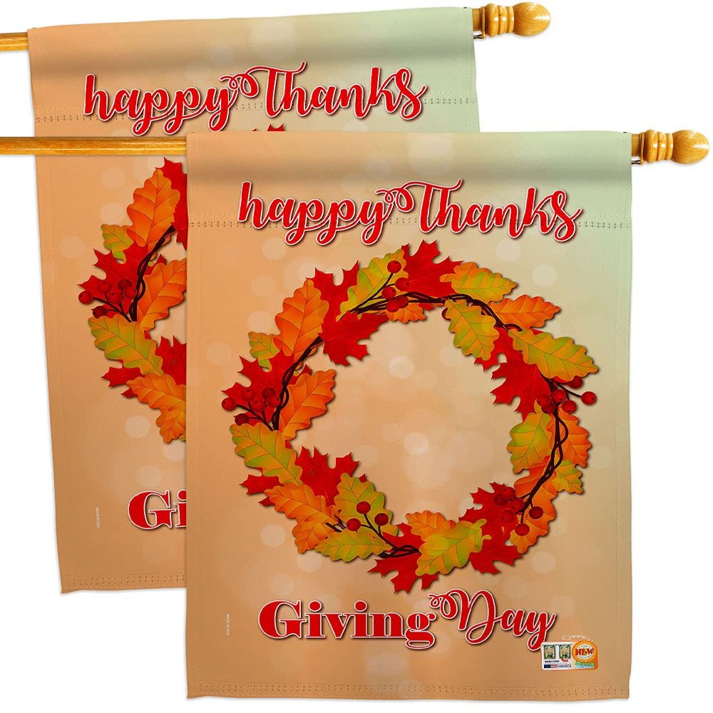 Thanksgiving Day Wreath House Flags 2 pcs Pack Falltime Turkey Give Thanks Gobble Pumpkin Season Autumntime Cornucopia Small Decorative Gift Yard Banner Made In USA 28 X 40