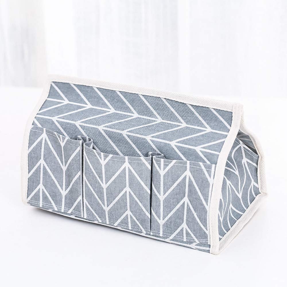 AKOAK 1 Pack Cotton Linen Paper Tissue Box Multi-Function Set Desktop Debris Remote Control Cosmetics Storage Box (Gray)