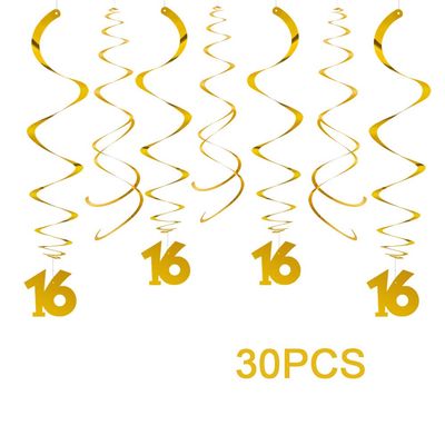 AimtoHome Party Swirl Decorations, Gold 16th Birthday Swirl Decoration, 16th Anniversary Ceiling Hanging Party Swirl Decoration, Pack of 30