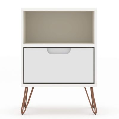 Manhattan Comfort Rockefeller Nightstand with Drawer and Cubby, Mid Century Modern Bedside Table, Minimalist Display and Storage Organizer, Ideal for Bedroom and Living Room, White