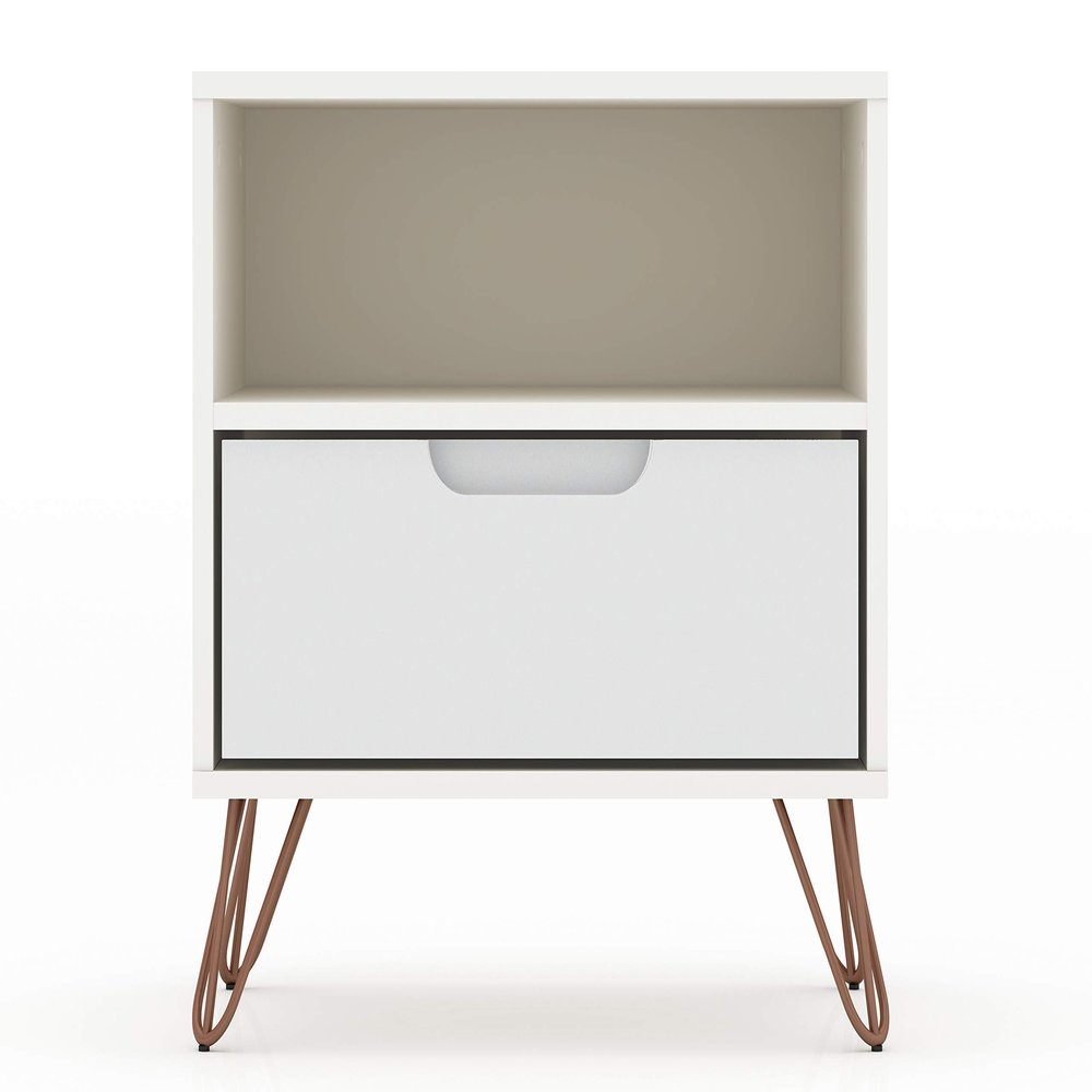 Manhattan Comfort Rockefeller Nightstand with Drawer and Cubby, Mid Century Modern Bedside Table, Minimalist Display and Storage Organizer, Ideal for Bedroom and Living Room, White