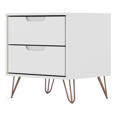 Manhattan Comfort Rockefeller Nightstand with Drawers, Mid Century Modern Bedside Table, Minimalist Display and Storage Organizer, Ideal for Bedroom and Living Room, White