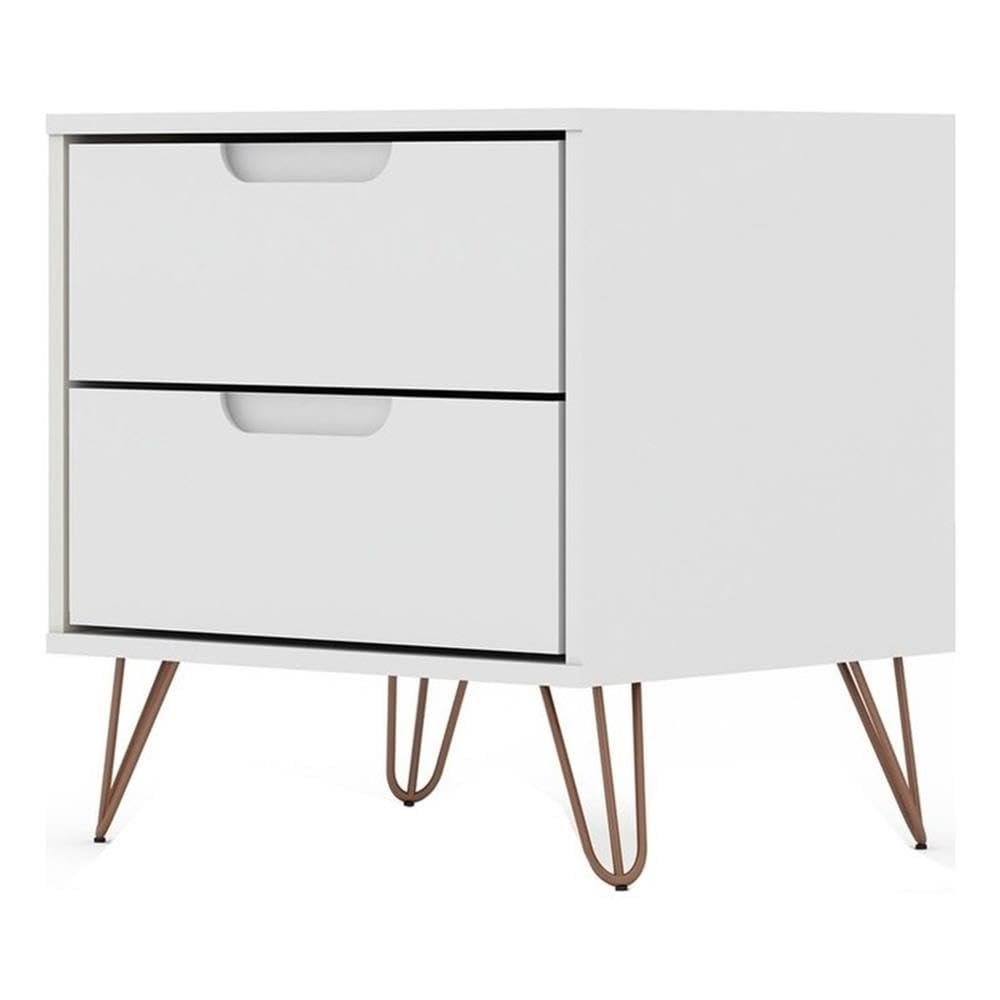 Manhattan Comfort Rockefeller Nightstand with Drawers, Mid Century Modern Bedside Table, Minimalist Display and Storage Organizer, Ideal for Bedroom and Living Room, White