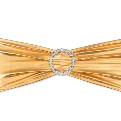 Linenlanding 10/50/100PCS Spandex Chair Sashes Bows Elastic Chair Bands with Buckle Slider Stretch Sashes Bows for Wedding Party Event Ceremony Reception Banquet Decorations (Metallic Gold, 100)