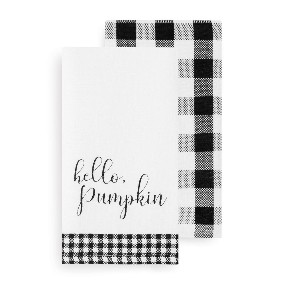 Elrene Home Fashions Farmhouse Living Fall Hello Pumpkin and Check Kitchen Towel Set, 18" x 28", Black/White