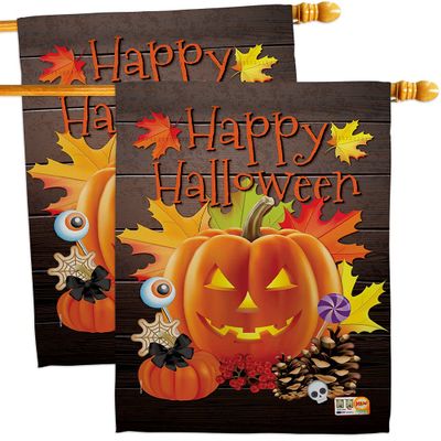 Evil Halloween Pumpkin House Flags 2 pcs Pack Falltime Witch Trick or Treat Spooky Night Black Cat Season Autumntime Small Decorative Gift Yard Banner Made In USA 28 X 40