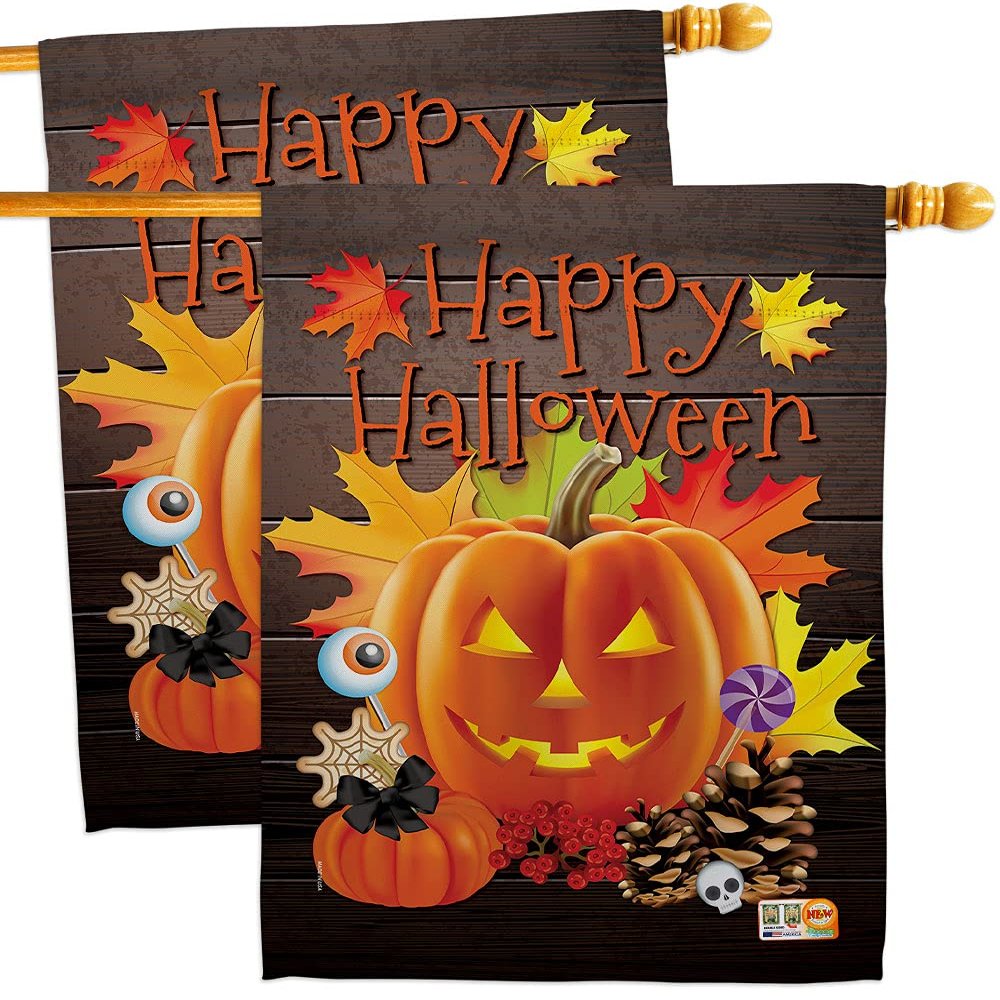 Evil Halloween Pumpkin House Flags 2 pcs Pack Falltime Witch Trick or Treat Spooky Night Black Cat Season Autumntime Small Decorative Gift Yard Banner Made In USA 28 X 40
