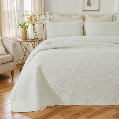 Brandream Queen Size Quilt Set Cotton Cream Pale Yellow Quilt Set Farmhouse Damask Matelasse Coverlet Set 3-Piece