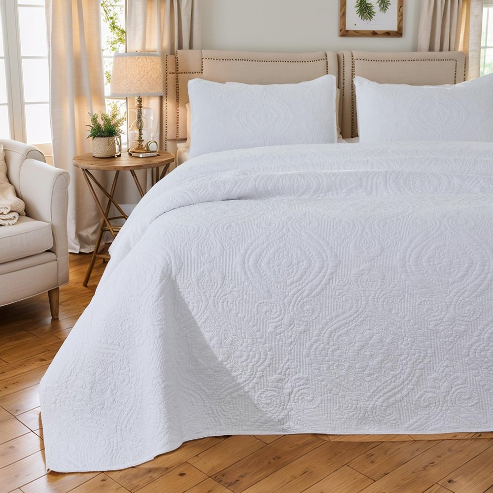 Brandream White Quilts Queen Size Cotton Quilt Set Farmhouse Damask Matelasse Coverlet Set 3-Piece