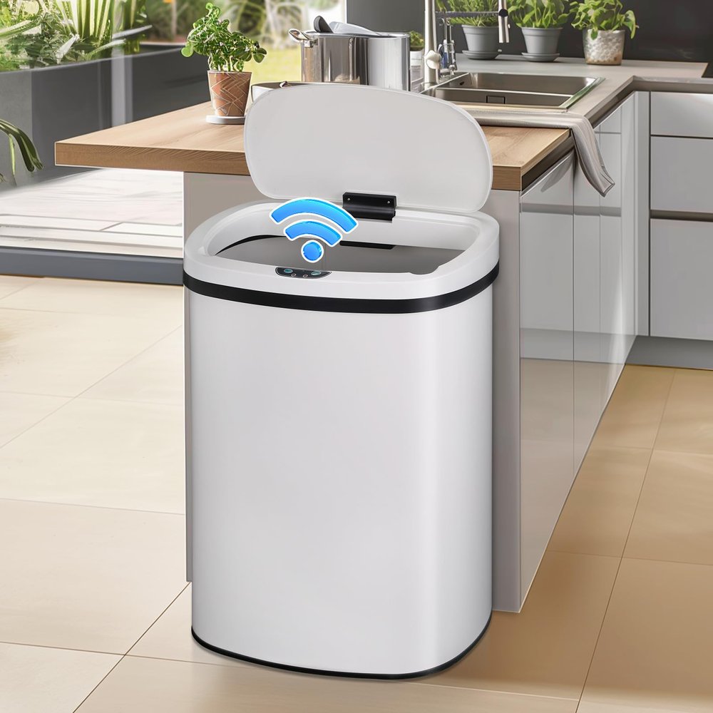 Dkeli Kitchen Trash Can for Bathroom Bedroom Home Office Automatic Touch Free High-Capacity Garbage Can with Lid Brushed Stainless Steel Waste Bin 13 Gallon / 50L - White