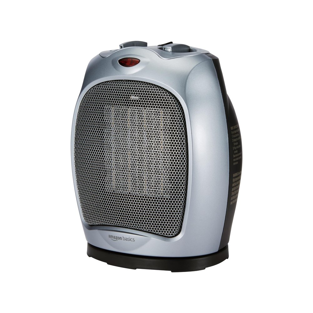 Amazon Basics Oscillating Ceramic Portable Indoor Space Heater, Fast Heating Technology, Overheat and Tip-Over Protection, Adjustable Thermostat, 1500W, 7.52"D x 6.34"W x 9.45"H, Silver