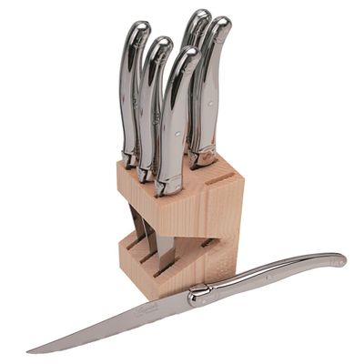 (D) French Steak Cutlery in a Hand Made Wooden Block 6 pc, Vintage